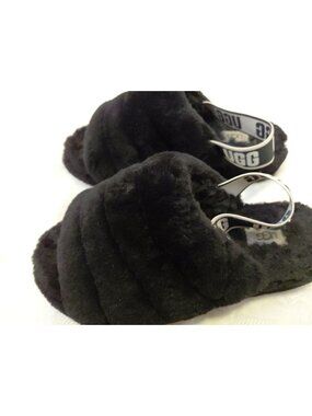 UGG Slippers Fluff Yeah Slide Black Sheepskin Slingback Sandals Womens 8 US